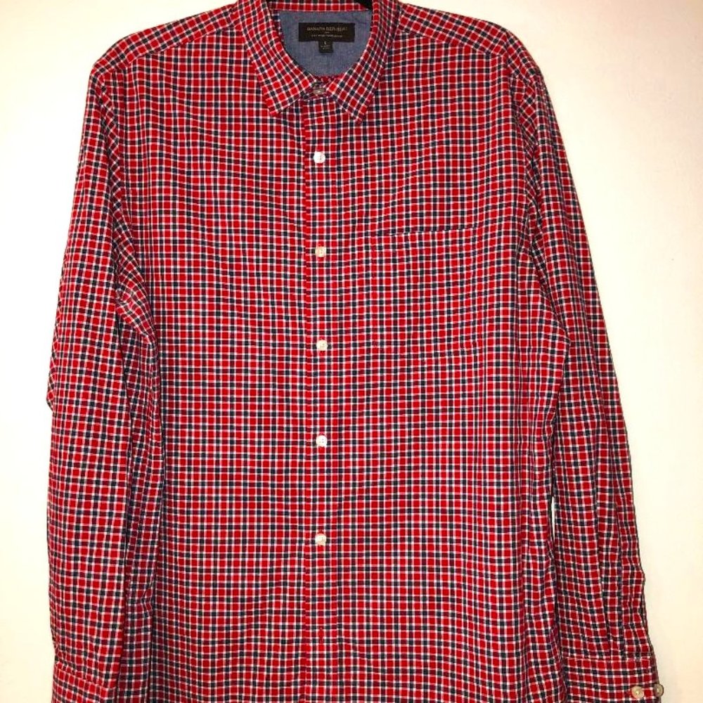 Banana Republic Mens Red Blue White Plaid LS Shirt
